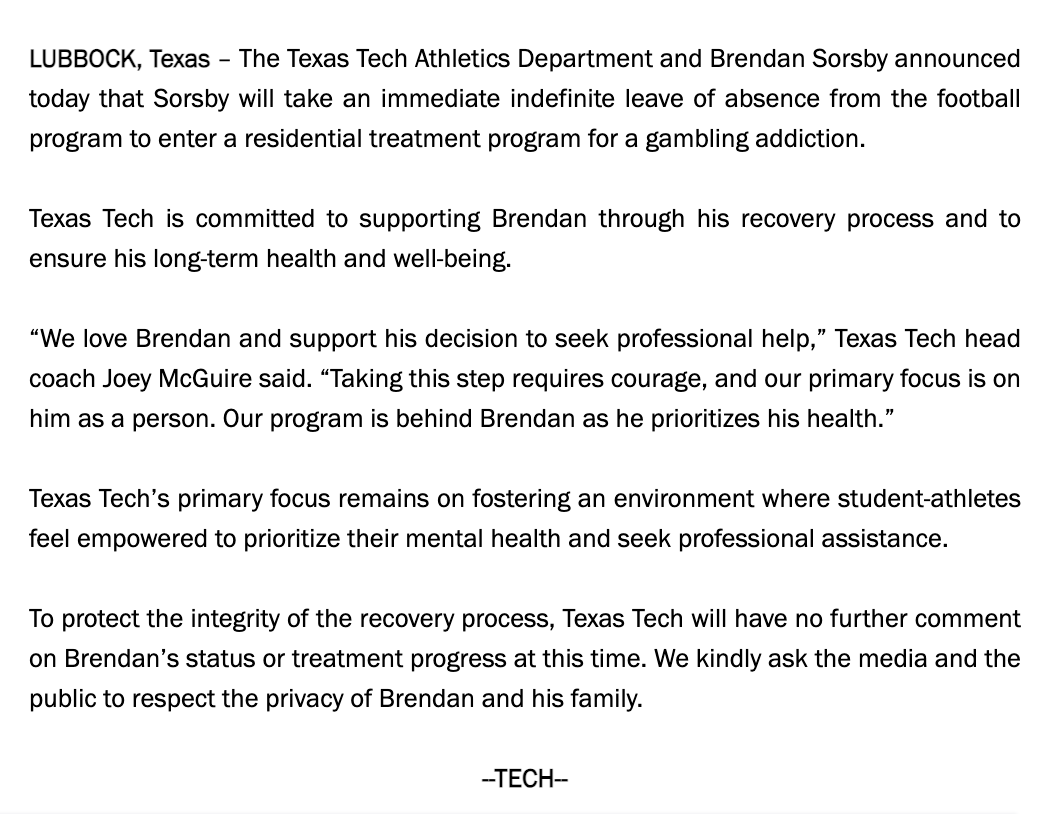 ChrisVannini's tweet photo. NEWS: Texas Tech announces QB Brendan Sorsby will take an immediate indefinite leave of absence from the football program to enter a residential treatment program for a gambling addiction. https://t.co/FFHrMfzTbJ