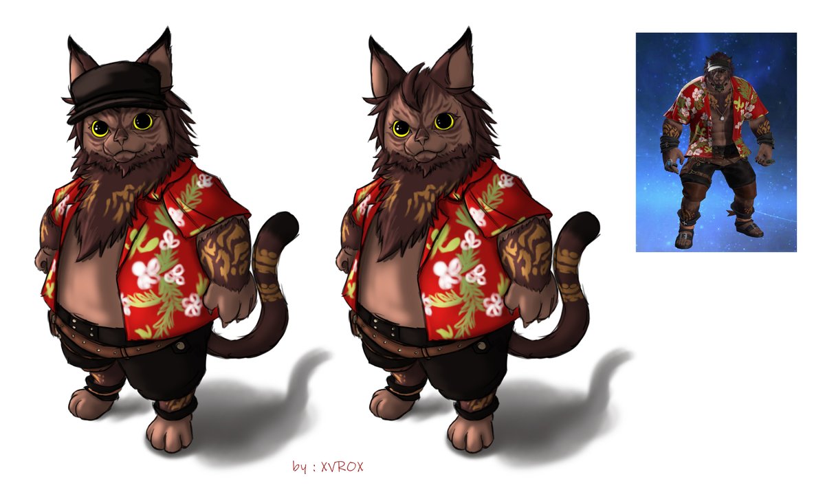 xvrox1's tweet photo. Saw the new NPC cat race for FFXIV, thought of doing it based on a friend's hrothgar style &amp; 
I think I made him even more meow meow than usual OwO UwU

Left : with cap (Isle Vacationer's Visor) &amp; the other is without. :3

Featuring @Zen_KCMK 

#FFXIV #doodle #cat #feline https://t.co/G4M7FLVjtf