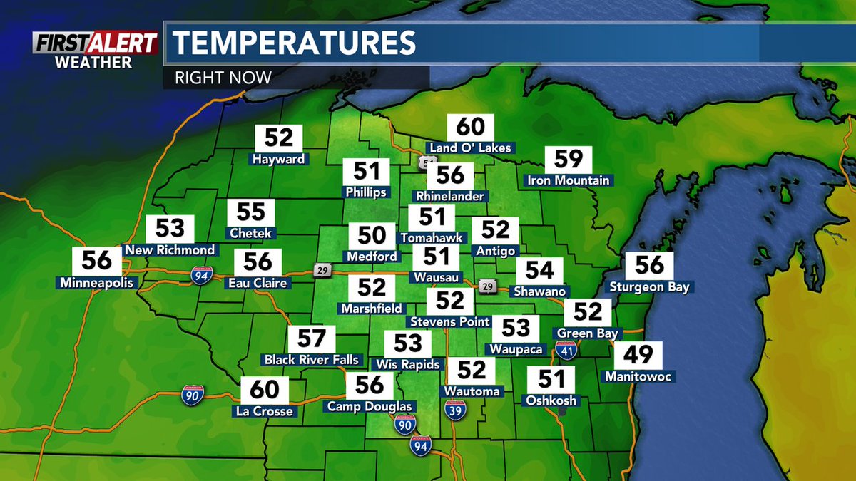 WSAWWeather's tweet image. Here's a look at the lunch time temperatures across central #Wisconsin. 
Latest #WSAW #FirstAlert #weather #forecast for the rest of the day-&amp;gt; wsaw.com/weather