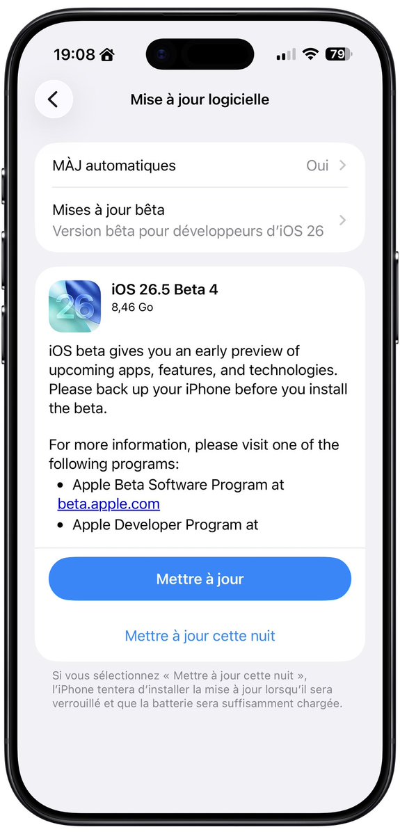iMathTechs's tweet image. 🚀 Ça s'accélère du côté de la Pomme !

Une semaine après la bêta 3, Apple déploie déjà la 4ème bêta d'iOS 26.5 et iPadOS 26.5 aux développeurs pour poursuivre les tests 🛠️

🧐 Pensez-vous que la version publique et finale arrivera bientôt ?

Test.

#iOS #TechNews #AppleBeta