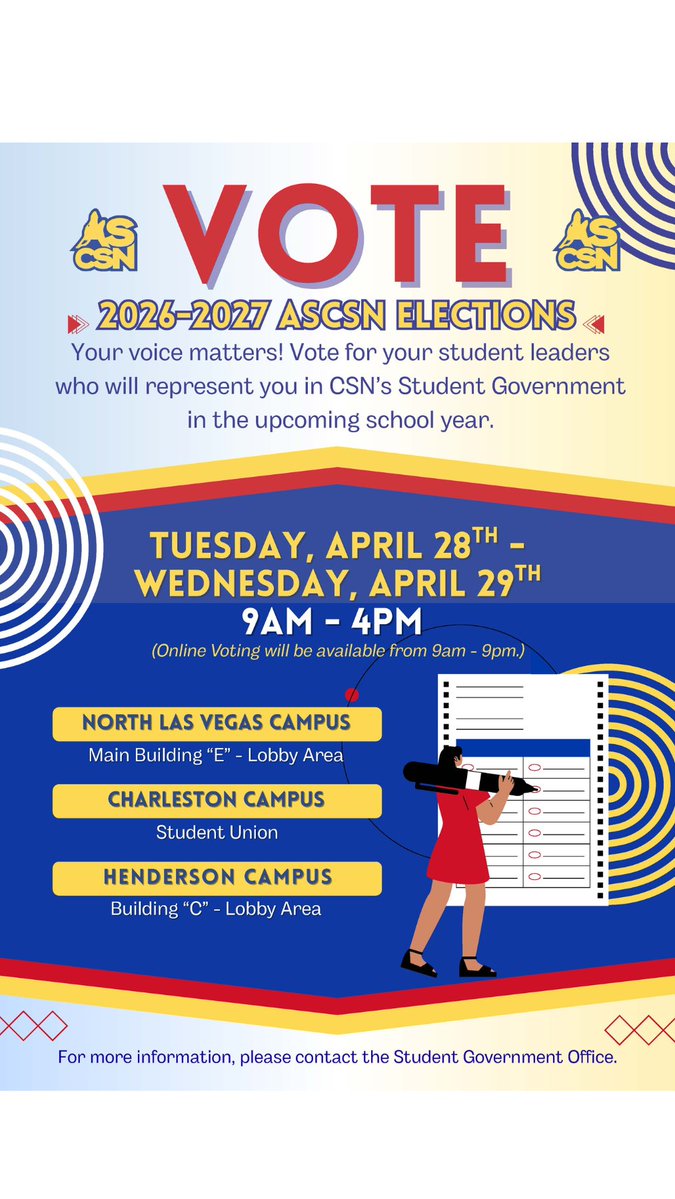 CSNCareerServ's tweet image. The voting elections for ASCSN 2026-2027 has finally arrived!

Go to any of the three CSN campuses on April 28th, and 29th, from 9am-4pm, 2026!

Don't let this opportunity pass you by, every voice matters!

#studentleadersvote #ascsn #yourvoicematters