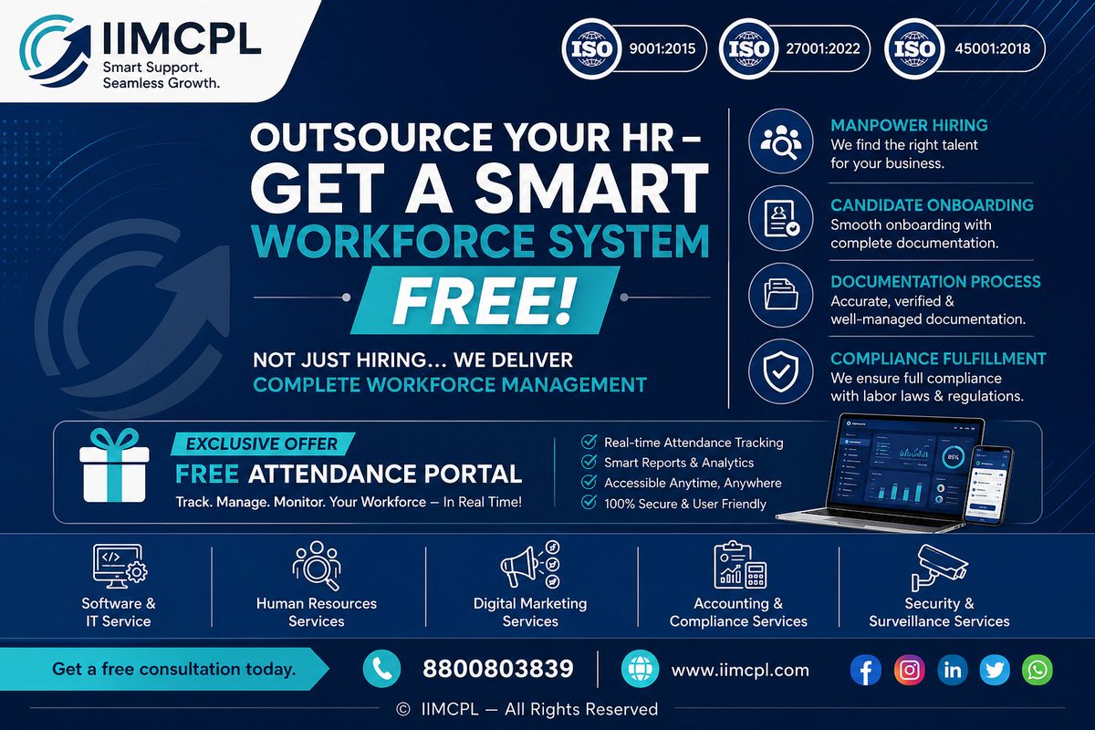 iimcpl's tweet image. Outsource HR = Get FREE Attendance Portal
Smart workforce. Zero extra cost. 🚀
👉 Get your free consultation today.

#HRServices #Outsourcing #WorkforceManagement #ManpowerSolutions #BusinessGrowth #HRIndia #CorporateSolutions #StartupGrowth #IIMCPL