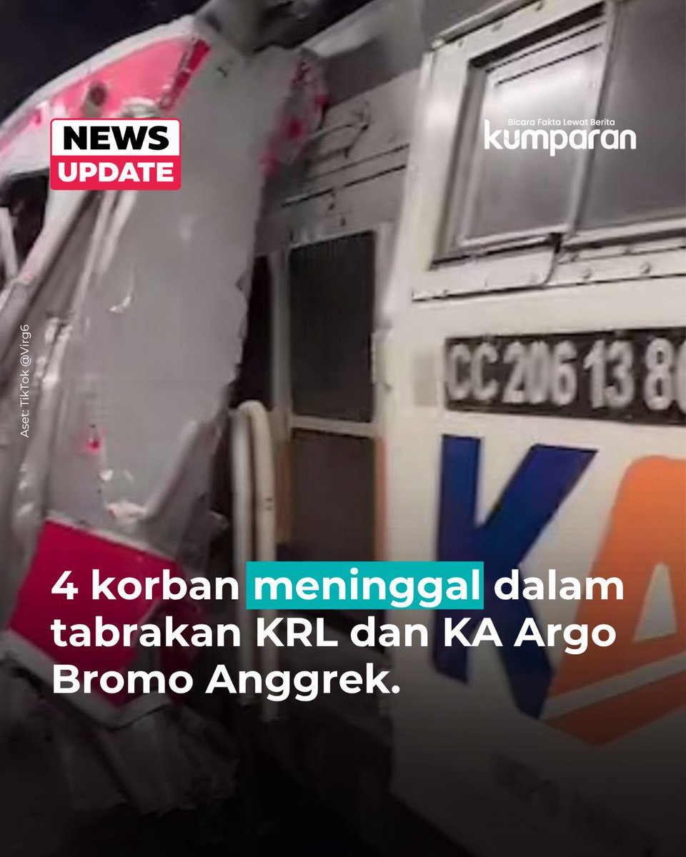 Jateng_Twit's tweet photo. 🚨 UPDATE :

38 KORBAN KECELAKAAN KERETA API BEKASI TIMUR DIEVAKUASI, 4 MD: KA Argo Bromo Anggrek menabrak KRL Commuter Line di Stasiun Bekasi Timur. 

Peristiwa ini menyebabkan 38 korban luka dievakuasi ke rumah sakit dan 4 korban diantaranya meninggal dunia https://t.co/LvccOgfmdH