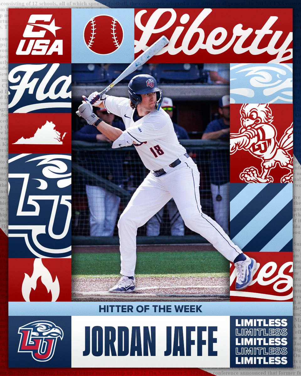 ConferenceUSA's tweet photo. ⚾️ HITTER OF THE WEEK ⚾️

🏅1⃣ Jordan Jaffe, @LibertyBaseball 

#NoLimitsOnUs | https://t.co/gfmCnEj1rG