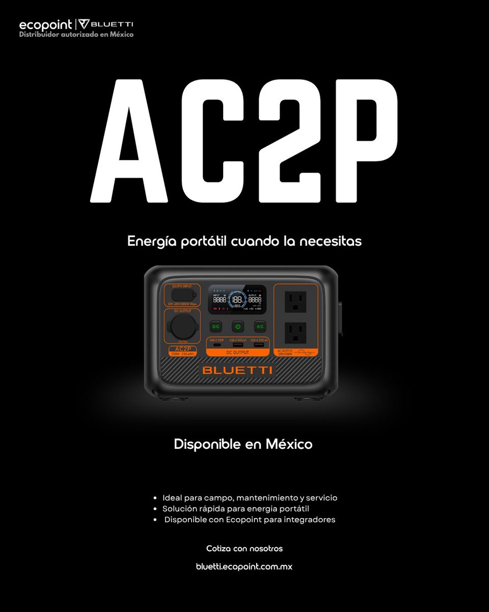BLUETTI AC2P

Energía portátil, lista para operación.

Disponible en México.

Conviértete en distribuidor
ecopoint.com.mx/r/wpt

#EcopointMX #BLUETTI