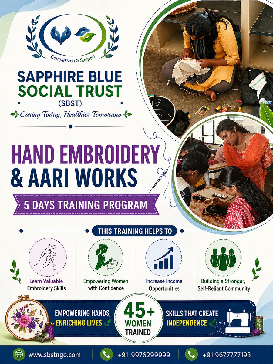 sapphire_trust's tweet image. Empowering women with new skills ✨🧵

SBST conducted a 5-day Hand Embroidery &amp;amp; Aari Works Training Program.

45+ women benefited 💙💚

#SBST #WomenEmpowerment #HandEmbroidery #AariWorks #SkillDevelopment #Erode #CommunitySupport