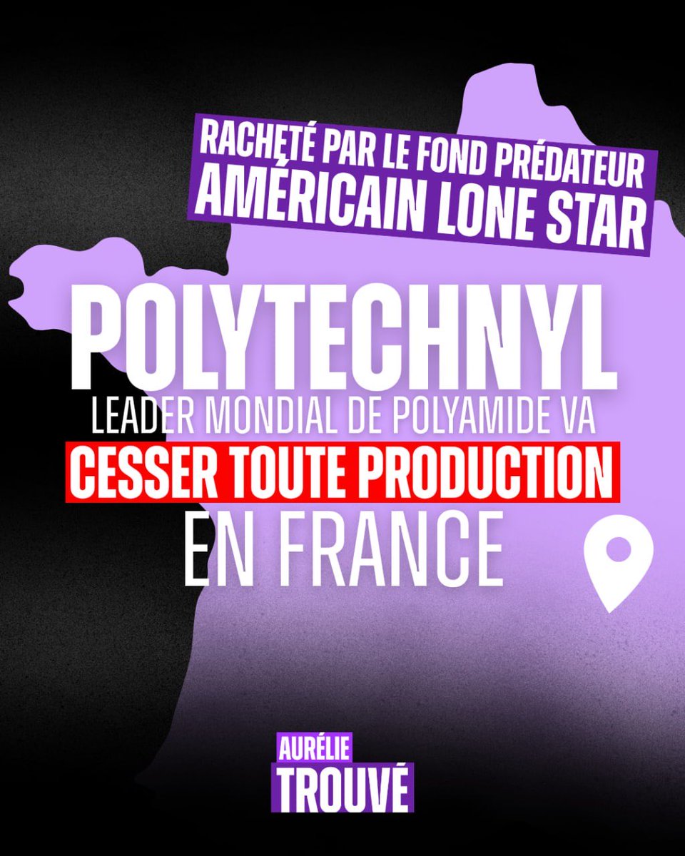 🚨 Alerte ! Polytechnyl, leader mondial dans la production de polyamide, est bradé au fonds prédateur américain Lone Star, qui stoppera toute production en France. 500 salariés licenciés.

Bercy, la BPI, le tribunal de commerce et tout le système macroniste ont laissé faire. Tout