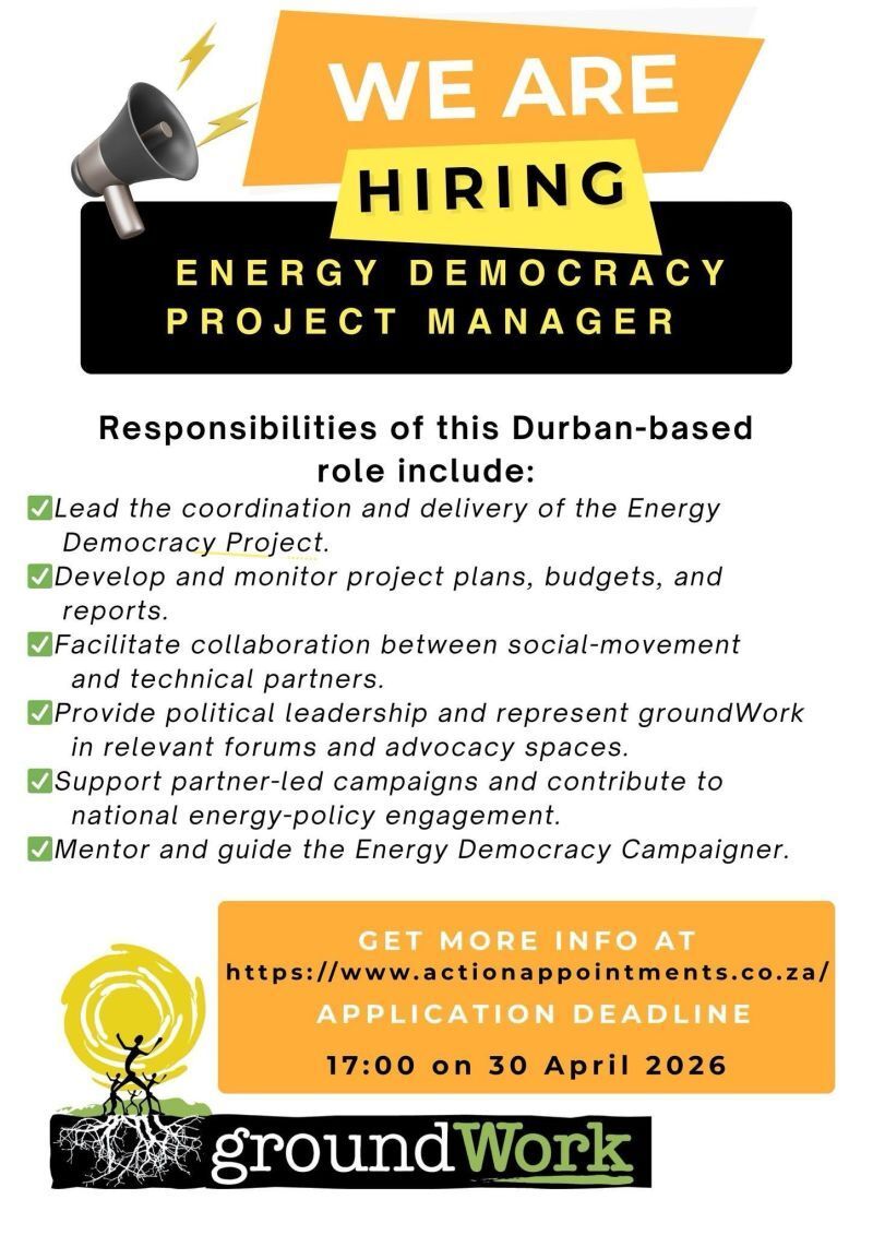 studysustainhub's tweet image. Apply Now!

Energy Democracy Project Manage 
📍 Location: Durban, KwaZulu-Natal, South Africa
📄 Contract: Fixed-term, 12 months (Full-Time)
📆 Deadline: 30 April 2026
🔗 Apply here: buff.ly/rk76Uxo 

#groundWork