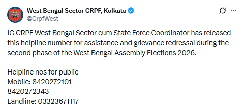 uniindianews's tweet image. IG CRPF West Bengal Sector cum State Force Coordinator has released this helpline number for assistance and grievance redressal during the second phase of the West Bengal Assembly Elections 2026: West Bengal Sector CRPF, Kolkata

@CrpfWest | @CEOWestBengal | #CRPF | #Kolkata |