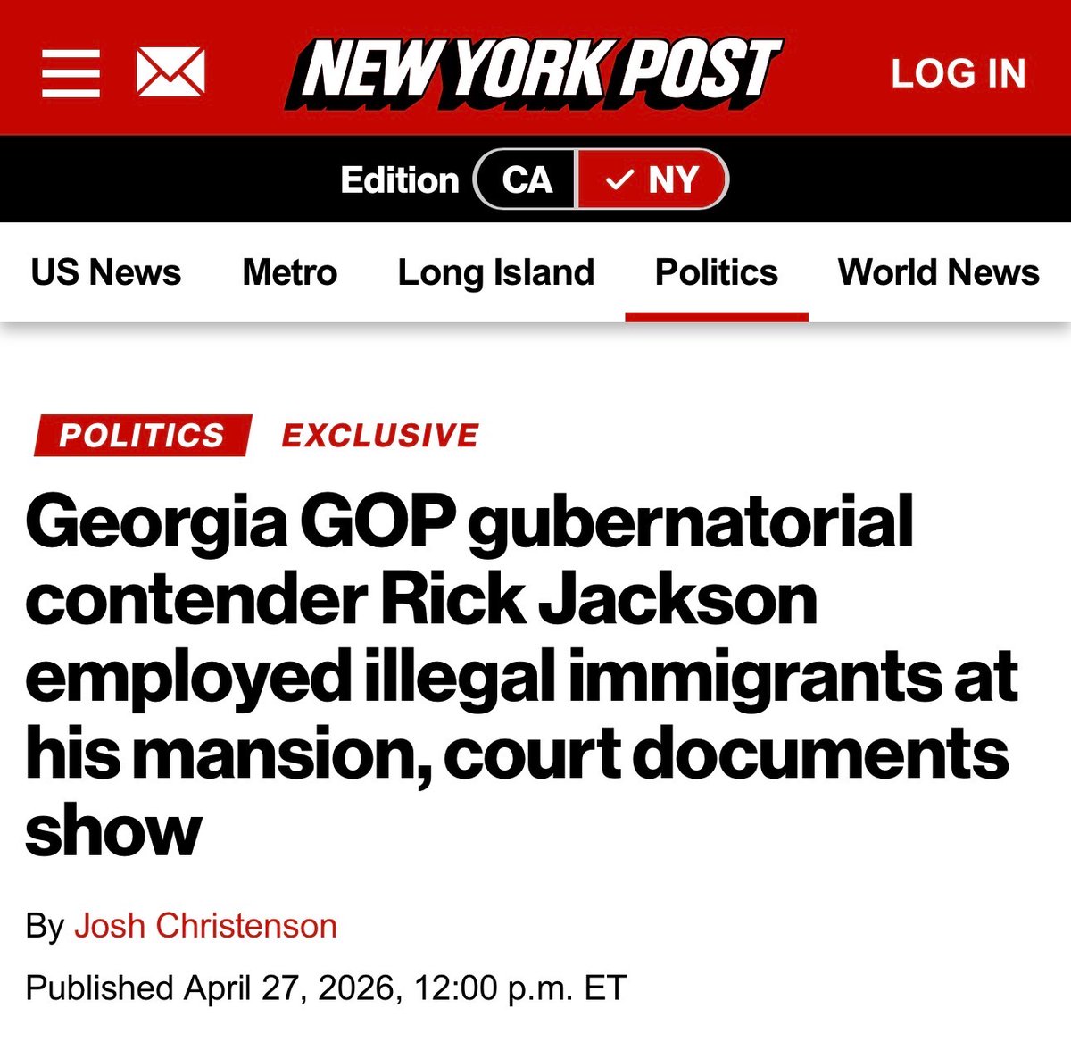 .<a href="/RickJacksonGA/">Rick Jackson</a> should be ashamed. He's spent millions promising to crack down on illegal immigration while employing illegal immigrants at his mansion. Tonight, Georgia is watching and he's going to have to face the camera and explain this. #gapol