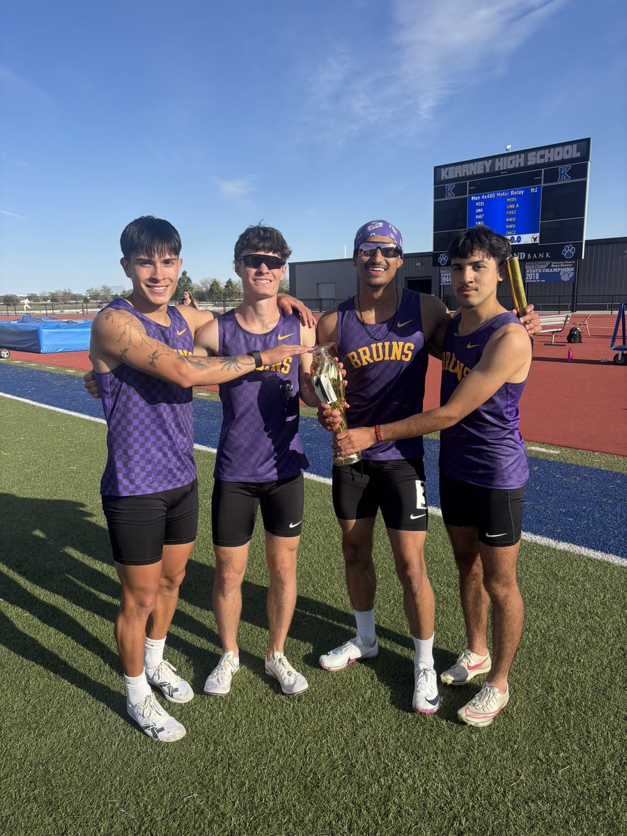 CoachMusiel's tweet image. Had some fun to cap off the UNK Loper Invite a few weeks ago.  2 BU Men’s 4x4’s squared off to end the meet.  Team Purple out sprinted Team Gold to take the coveted Bruin “Trophy!”  
2 4x4’s at a meet was a program first.   Baby steps with this program!  #excitingtimes @BUBruins