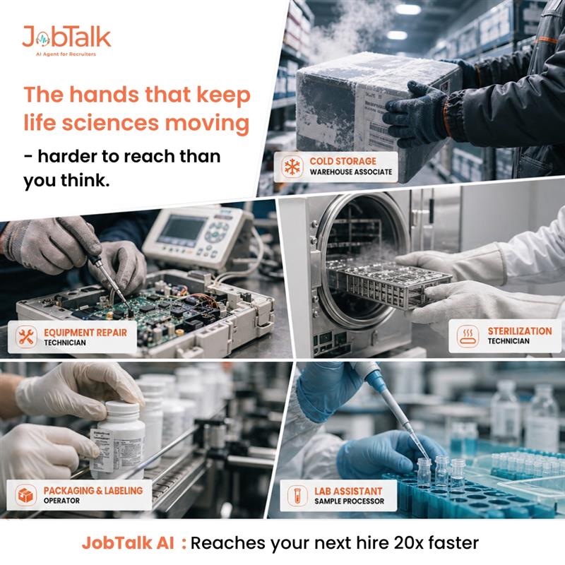 JobTalkAgent's tweet photo. Cold storage. Sterilization. Equipment repair. Lab assistants. The hands that keep life sciences moving are harder to find than you think.
20x faster outreach. Zero manual effort.
See it in action → https://t.co/nmjLbiuJIu
#Recruiting #StaffingAgency #TalentAcquisition #hrtech https://t.co/sCHx9h93aB
