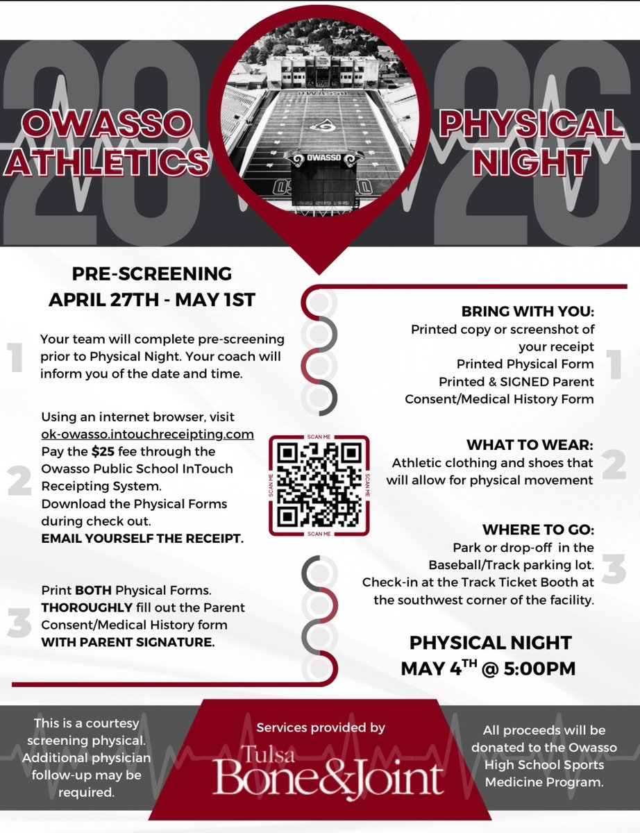 OwassoAthletics's tweet image. ‼️Reminder about Owasso Athletics physical night‼️

#CHAMPIONS | #RamPride