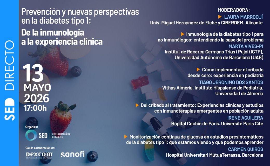 SEDiabetes's tweet image. Nuevo #SEDdirecto 👉 Prevención y nuevas perspectivas en la diabetes tipo 1: de la inmunología a la experiencia clínica

Un #webinar para profundizar en los avances en la comprensión de la #diabetestipo1 , desde la base inmunológica hasta su traslación a la práctica clínica,