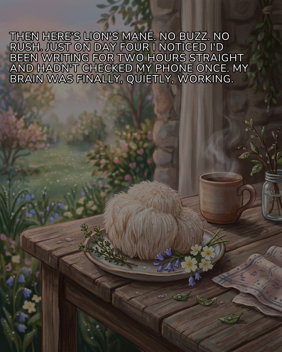 Mushymarteu01's tweet image. Brain fog held me back for years. Then I tried Lion's Mane. Day four, I wrote for two hours straight without touching my phone.

No stimulants. No crash. Just my mind, finally clear. It removes what gets in the way.
#LionsMane #BrainFog