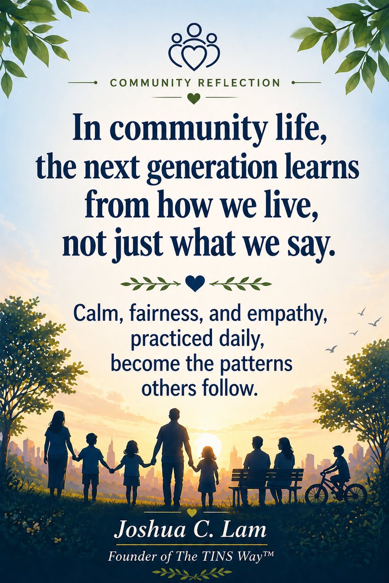 JoshuaLam828419's tweet image. In community life, the next generation learns from how we live, not just what we say. Calm, fairness, and empathy, practiced daily, become the patterns others follow.
Joshua C. Lam Founder of The TINS Way™
#TheTINSWay #CommunityLife #LeadByExample