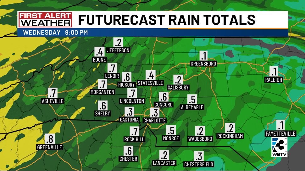 PaulKPIX's tweet image. Low-impact showers Tuesday morning, then more significant rain arrives Wednesday morning. Expecting 0.25"-0.5" of rain along &amp;amp; east of I-77, a little more to the west.

Outside chance (threat level 1 out of 5) of severe thunderstorm wind gusts. #NCwx #SCwx @WBTV_News