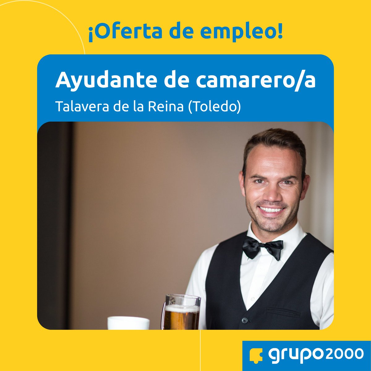 Cervecería, situada en Talavera de la Reina (Toledo), necesita cubrir dos vacantes de ayudante de camarero/a ☺️

¿Eres puntual y te gusta trabajar de cara al público? ¡Envíanos tu CV! ➡ agencia.grupo2000.es/ofertas/

#empleo #rrhh #ofertasdeempleo #hiring #trabajotoledo #empleotoledo