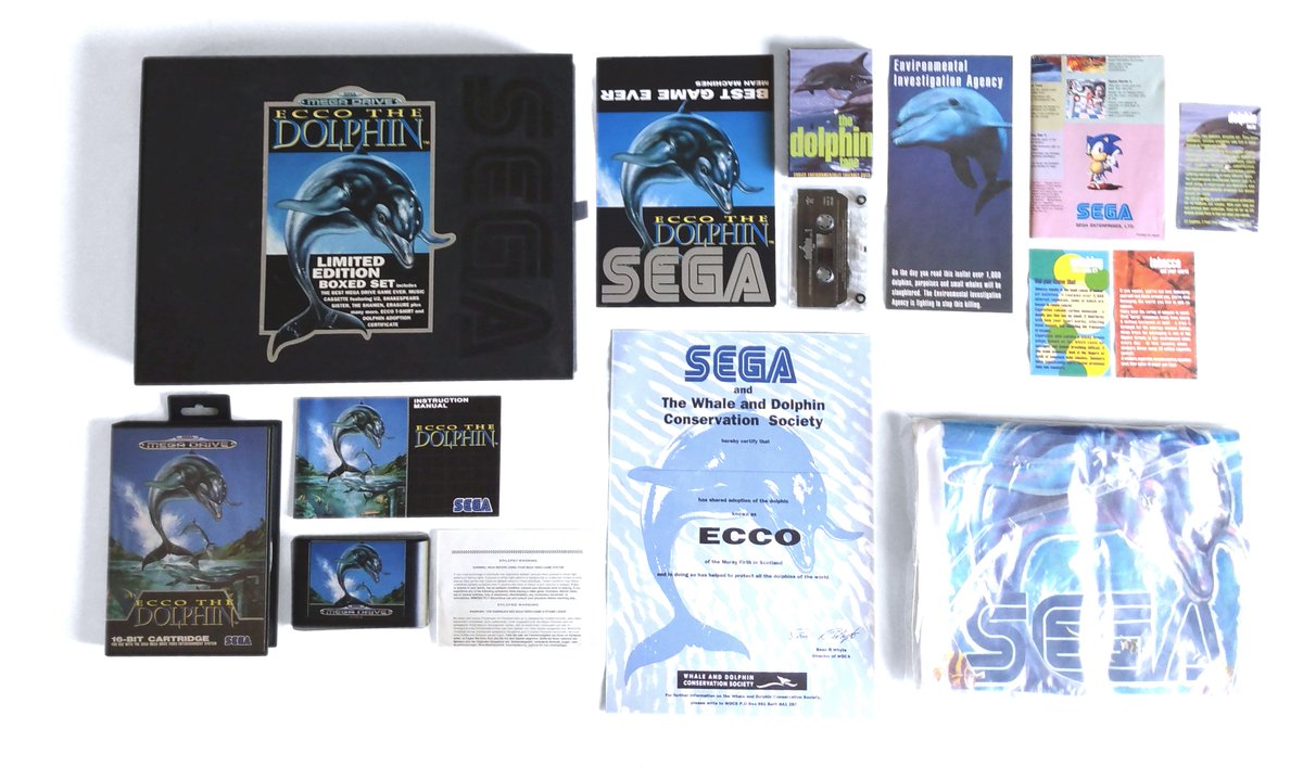 eccoonline's tweet photo. Europe at some point saw this limited edition boxed set that included a collective adoption certificate over a dolphin named Ecco living around Moray Firth bay.
Also in the set was this cassette with a very nice musical compilation. Give those bands a shot sometime! https://t.co/NIm6GvHfDJ