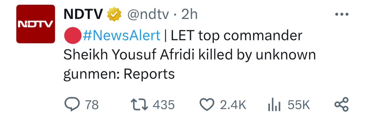 PAKSHIRaja12's tweet image. Top #LeT commander #SheikhYousufAfridi gunned down in #Pakistan—Mystery gunmen strike again