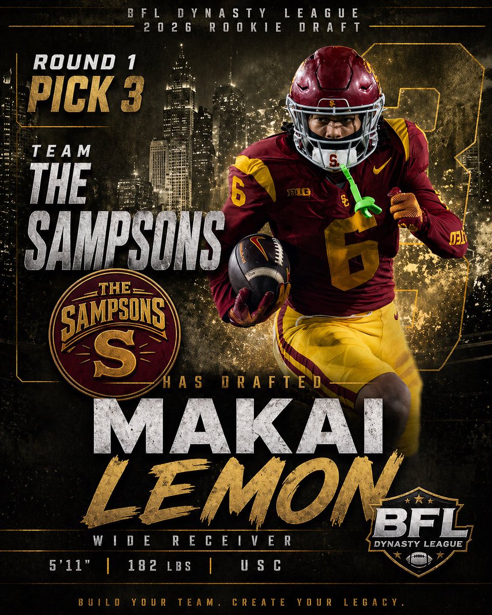 BFL_DYNASTY's tweet photo. 🚨BFL DRAFT TRADE ALERT🚨

The Sampsons weren’t content sitting at 1.06… they make an aggressive move up to the 1.03 to land Makai Lemon 🍋

After shipping out star WR Garrett Wilson, the message is clear — they needed a new stud WR, and they’re betting Lemon is THAT guy.

Big risk. Big opportunity.