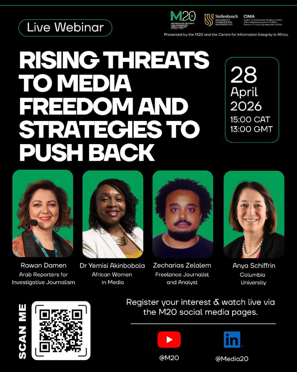 RealAWiM's tweet image. Rising Threats to Media Freedom and how we push back!

Join Rawan Damen, Dr. Yemisi Akinbobola, Zecharias Zelalem &amp;amp; Anya Schiffrin for this timely discussion!

• 28 April | Time: 15:00 CAT

Real insights. Urgent conversations. Practical solutions. 
#PressFreedom #MediaFreedom