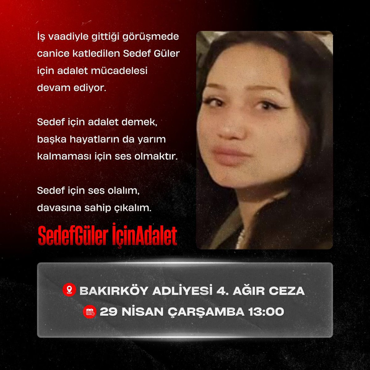 zeyno_citlembik's tweet photo. çarşamba günü sedefin davası var 
lütfen gören herkes SedefGüler İçinAdalet diyebilir mi https://t.co/P4QoooJXdT