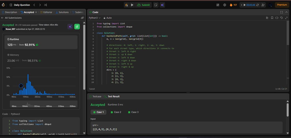 KosarBibi639's tweet image. DAY 117 
Problem: LeetCode 1391 (Medium) Valid path from (0,0) to (m-1,n-1) through connected streets. Streets type 1-6 define allowed directions. BFS with connectivity check between adjacent cells. O(mn).
 #LeetCode  #BFS #Grid #Coding