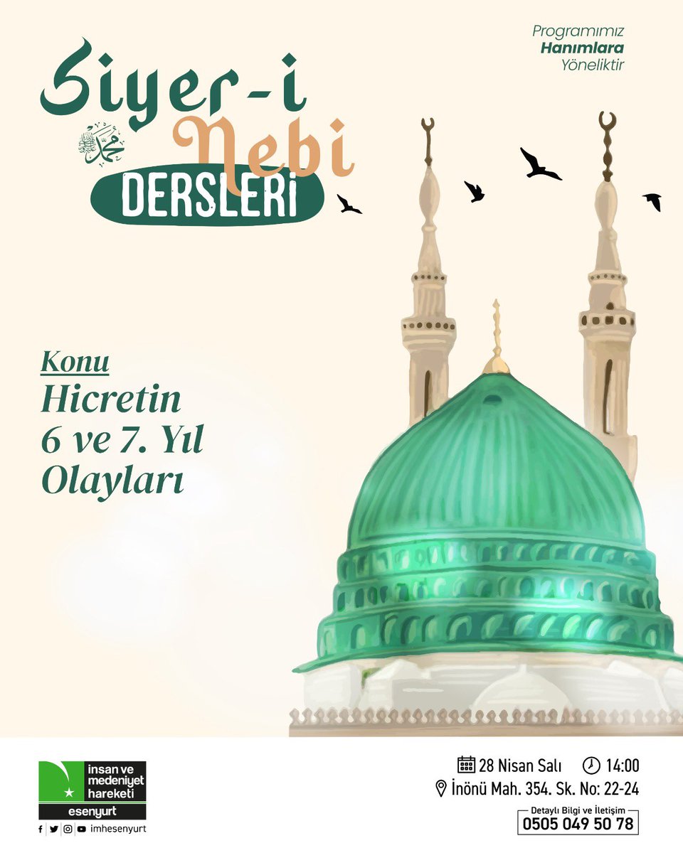imhesenyurt's tweet photo. Siyer-i Nebi dersimizde bu hafta “Hicretin 6 ve 7. Yıl Olayları” konusunu ele alıyoruz.

İlim ve muhabbet dolu bu güzel buluşmaya sizleri de bekliyoruz. https://t.co/93mYkFq8DK