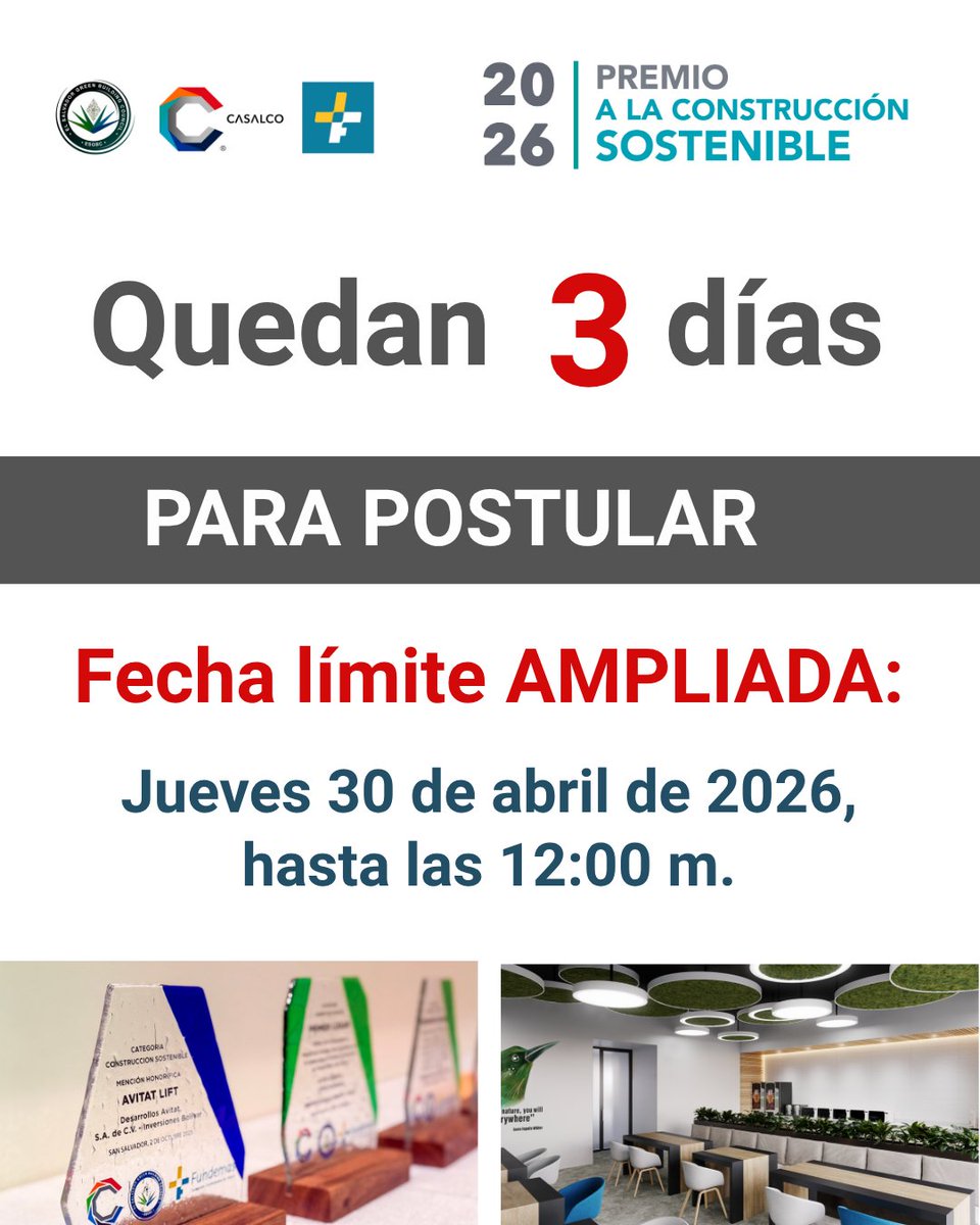 CASALCOsv's tweet photo. ⏳QUEDAN 3 DÍAS   
Para enviar tu postulación al PCS 2026 

FECHA LÍMITE AMPLIADA :  
📅 Jueves 30 de abril de 2026, a las 12:00 m. 
📩 pconstruccionsostenible@casalco.org.sv https://t.co/ExC6CExDhX