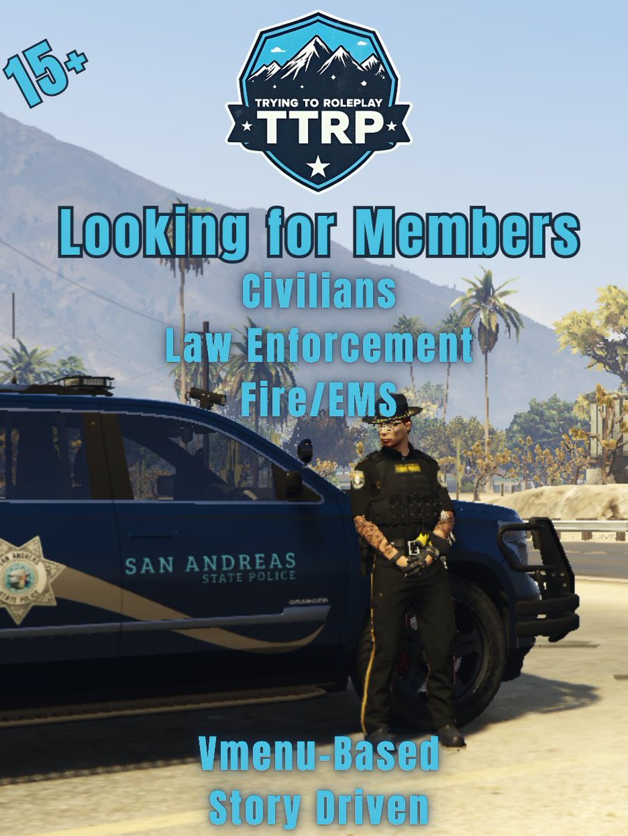 Trying2RolePlay's tweet photo. Immersive Law Enforcement RP with rich stories, player-driven plots, and authentic police interactions. Join us for dynamic, engaging roleplay!

#fivemrp #roleplaycommunity #gaminglife #fivemserver #gtaonline #jointherp

https://t.co/1gFlAldDLE https://t.co/XLfKgVpcEF