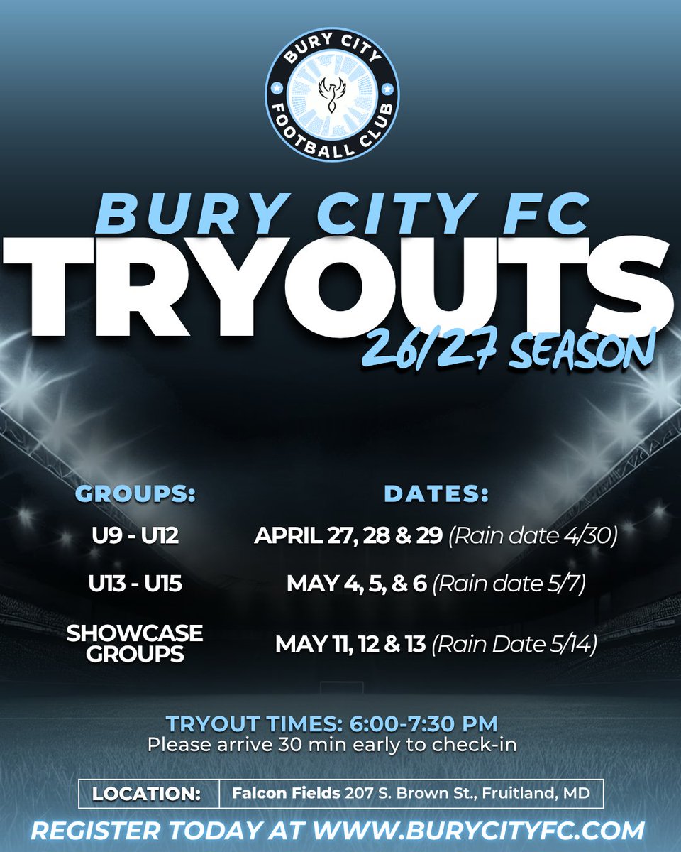 SalisburySc's tweet photo. Tryouts start TODAY!!! 📣 Are you ready?

📅 Tryout dates by age group
⏰ 6:00–7:30 PM
📍 Falcon Fields

Be there. Be ready.
👉 Register now at https://t.co/Mj7FYixaDQ https://t.co/qnZPpNK9vr