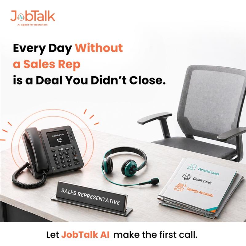 JobTalkAgent's tweet photo. An empty Sales Rep desk isn't just an open role. It's a quota your team is carrying alone.

JobTalk AI screens, qualifies, and schedules your next Sales Rep automatically. No waiting on callbacks. No manual follow-ups.

#SalesRecruiting #HiringAI #StaffingFirms #JobTalkAI #hrtech https://t.co/CCcNMnjZn2