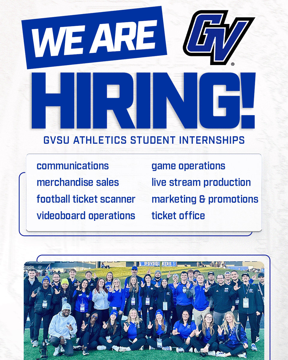 gvsulakers's tweet photo. Ready to kickstart your career in sports? 👀

We’re looking for student interns to join our team — those who thrive in fast-paced environments, love game days, and aren’t afraid to jump in and do it all.

💻 Apply today! https://t.co/u9M1cLxa0N

#AnchorUp | #ReadyForMore https://t.co/RN8S5JE05i