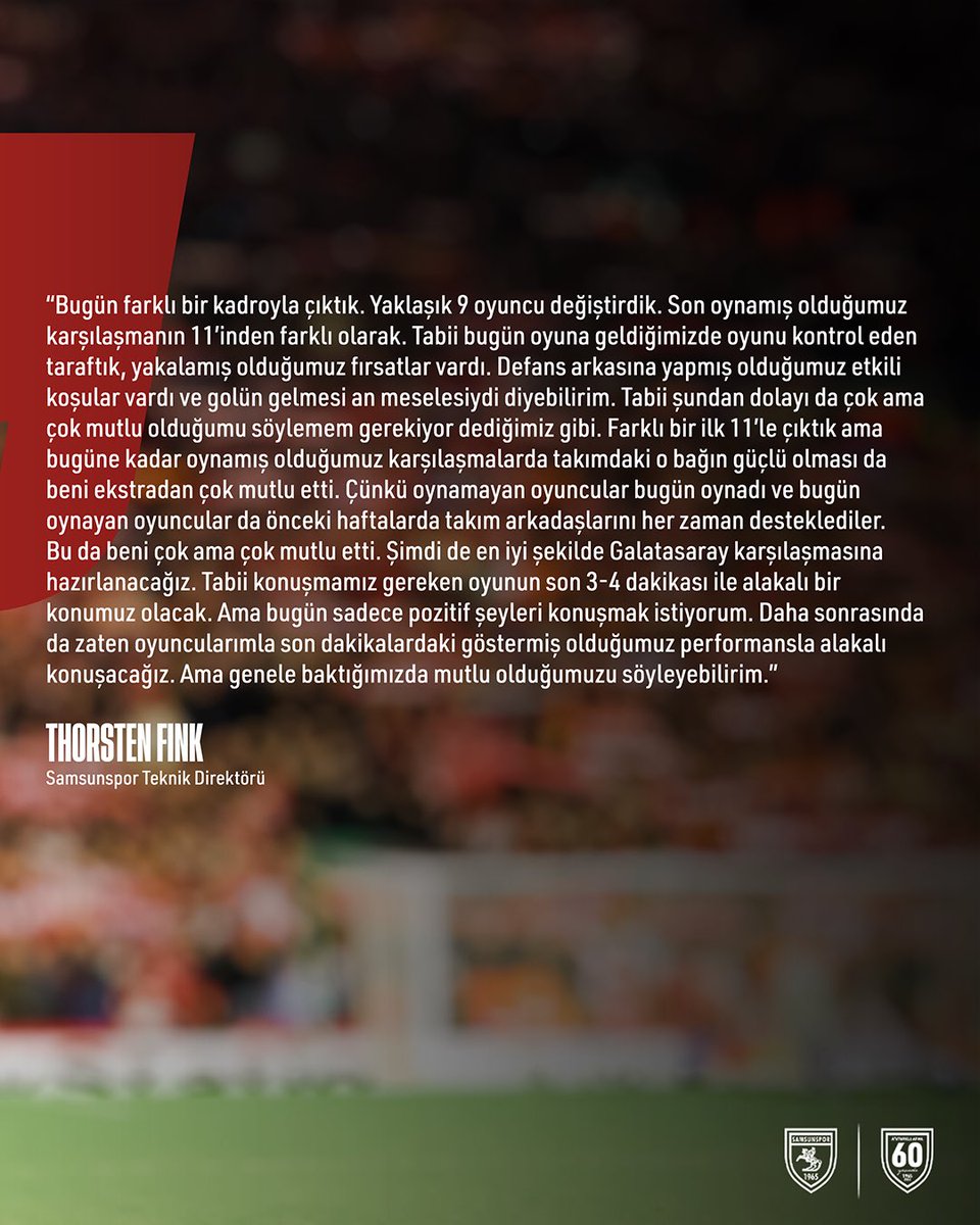 Samsunspor's tweet photo. Teknik Direktörümüz Thorsten Fink, Corendon Alanyaspor maçı sonrası açıklamalarda bulundu.
🔗 Detaylar Web Sitemizde
👉 https://t.co/NyD3KmA98m
#Samsunspor #AtatürklüArma #ALYvSAM #ThorstenFink https://t.co/7ovZAA1uGT