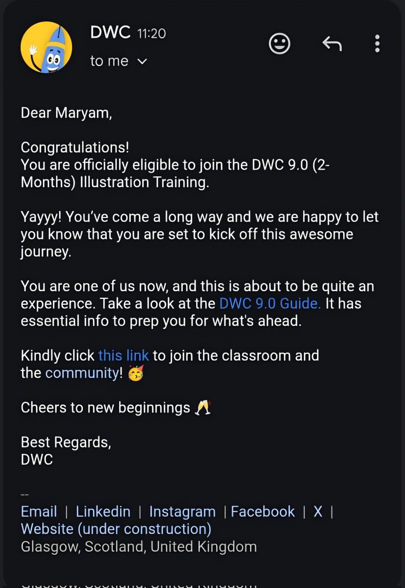 MaryamBintKarim's tweet image. Accepted into @designwithchike (DWC) 9.0 Illustration Training 🎨.
Ready to build, learn, and push my creative limits.
#DesignJourney #Illustration #CreativeGrowth #WomenInTech
#DWC #Figma #Ui #Uiux