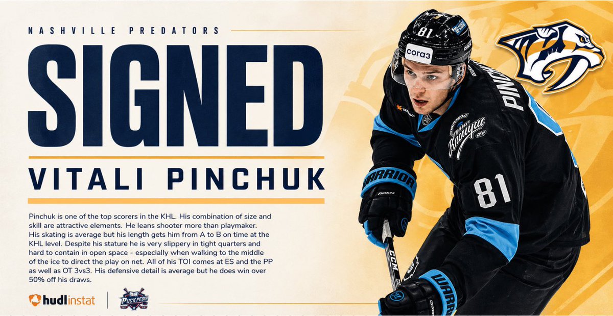 ProHockeyGroup's tweet image. Vitali Pinchuk signs ✍️

23-year-old Russian forward. Skill. Pace. Offense.
Scouting report + video attached ⬇️

#Signing #Hockey #NHL #NextWave #TheProHockeyGroup #Smashville 
@PuckPedia @hudl_hockey