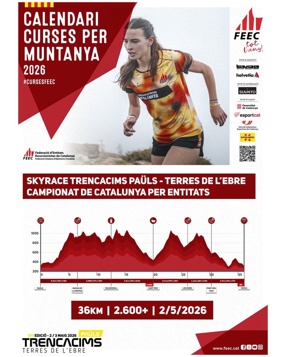 TrencaCimsPauls's tweet photo. 🔥 CAMPIONAT DE CATALUNYA DE CURSES PER MUNTANYA PER ENTITATS @FEEC_cat 2026 🔥

⛰ Aquest dissabte viurem una altra festa de les curses per muntanya a Paüls, a la distància de 36km i 2600+, la Skyrace Trencacims Paüls - @terresebretur 

💥En directe @som3cat  ❗️

📺 TV3
📱3CAT https://t.co/2pyDY1Eb9U