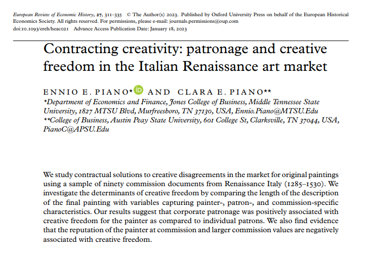 VincentGeloso's tweet photo. Reading this paper by Ennio and Clara Piano is utterly fascinating. The TLDR is: arts need markets to thrive and diversify. 

Renaissance art was not "pure genius". The organization of it contract design under uncertainty. Patrons and painters bargained over creative control, and contracts revealed alot about the art market. 

The higher the price of the commission, the lesser the freedom to the artist.  More famous artists had some form of penalty as patrons feared they would reuse old ideas. Products were hard to define ex-ante and so you needed to specify inputs in contracts (materials, figures, composition, staff even) 

Artists and patrons negotiated and designed contracts that traded off between "control" over the work and the "payment" for the work.  The market that emerged thanks to these contracts created a rich gradient of options for different art products.