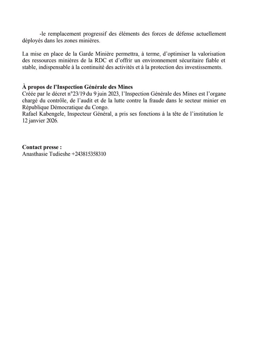LePuissantCom's tweet image. #RDC| #Mines: Vers une sécurisation accrue avec la création de la Garde minière
L’Inspection Générale des Mines (IGM) vient de franchir une étape décisive dans la régulation du secteur extractif en République Démocratique du Congo. Dans un communiqué récent, l'institution a