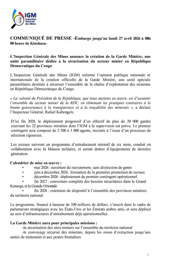 LePuissantCom's tweet image. #RDC| #Mines: Vers une sécurisation accrue avec la création de la Garde minière
L’Inspection Générale des Mines (IGM) vient de franchir une étape décisive dans la régulation du secteur extractif en République Démocratique du Congo. Dans un communiqué récent, l'institution a
