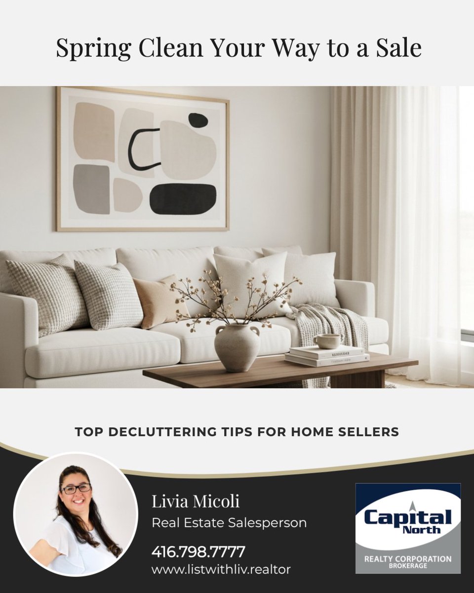 LivMico's tweet photo. Spring clean your way to a sale! 🌷🏡

Start room by room using the keep/donate/sell/toss method.
Depersonalize so buyers can picture themselves in the space.
Organize closets to highlight storage.

A clean, simple space helps your home shine! ✨

#GTArealestate https://t.co/iHEHyUkU9u