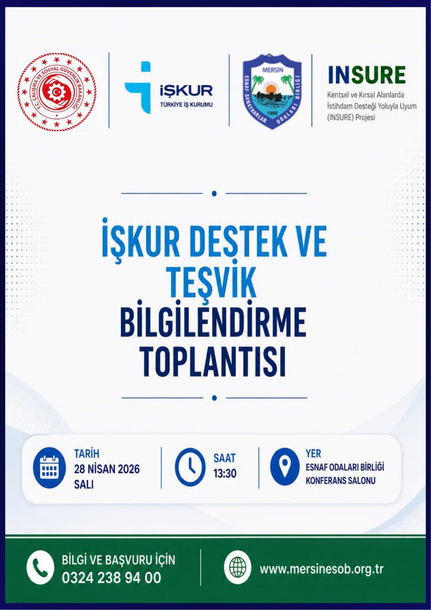 iskurmersin33's tweet photo. 📢 BİLGİLENDİRME TOPLANTISI

İl Müdürlüğümüzce, işgücü piyasasına yönelik Kurumumuzun teşvik ve destekleri ile ilimizde uygulanmaya başlanan 𝙄𝙉𝙎𝙐𝙍𝙀 (Kentsel ve Kırsal Alanlarda İstihdam Desteği ile Uyum Projesi) hakkında bilgilendirme toplantısı düzenlenecektir.

#INSURE https://t.co/1WfOFj0gtt