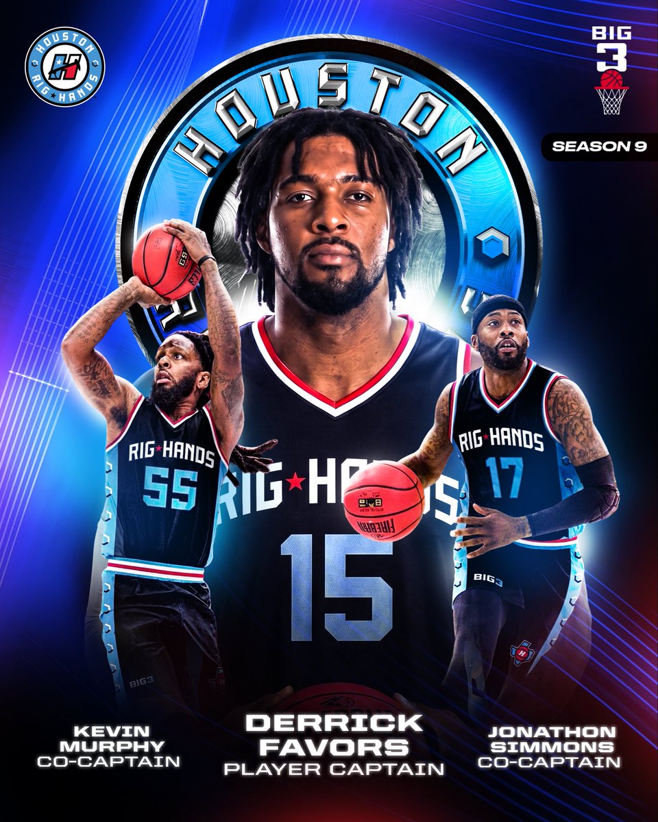 thebig3's tweet photo. Rig Hands on a whole different wave. 🌊
New captains. New look. Led by rookie DERRICK FAVORS. The squad is a problem. 😮‍💨

Season 9. 6.20.26 on @cbssports 

The 9th Wonder In The Summer https://t.co/NoLKgc4KDY