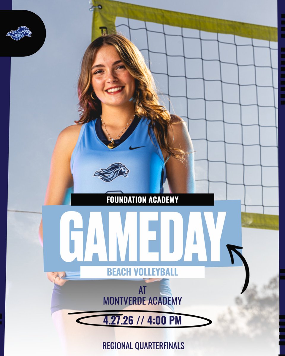 faathletic's tweet image. 🏐🔥 It’s GAME DAY!

The Foundation Academy Lions Girls Beach Volleyball team hits the road to take on Montverde Academy in the Regional Quarterfinals today at 4 PM! 💪🦁

Bring the energy and support!

#LionPride #GameDay #BeachVolleyball #RegionalQuarterfinals #OnTheRoad