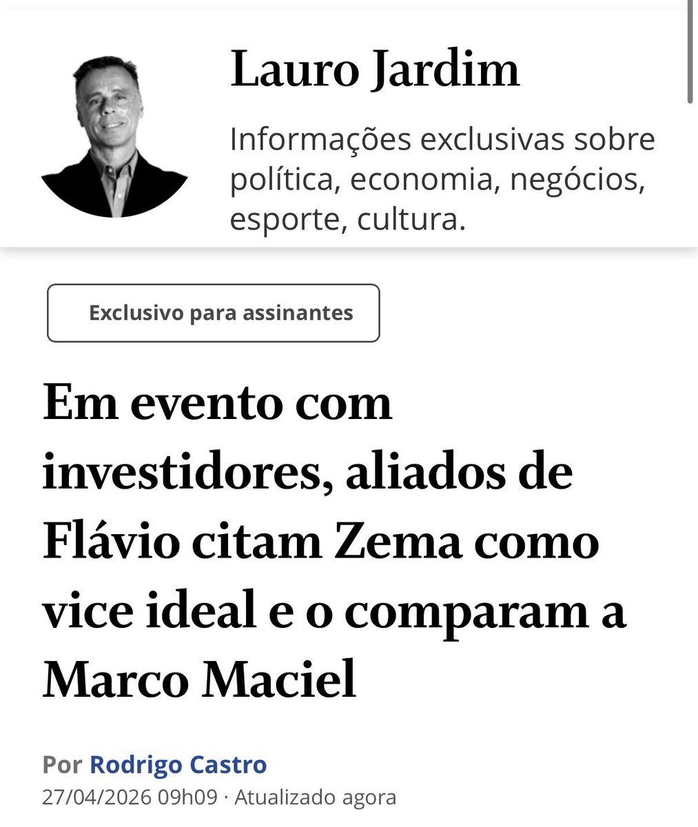 "Minha humilde opinião: se essa DUPLA não se formar, será o maior DESPERDÍCIO POLÍTICO da história deste país.

FLÁVIO e ZEMA juntos garantiriam 16 anos consecutivos de DIREITA no poder. Isso é tudo de que o país precisa.

Por favor, <a href="/FlavioBolsonaro/">Flávio Bolsonaro</a> e <a href="/RomeuZema/">Romeu Zema</a>, entendam-se!🙏