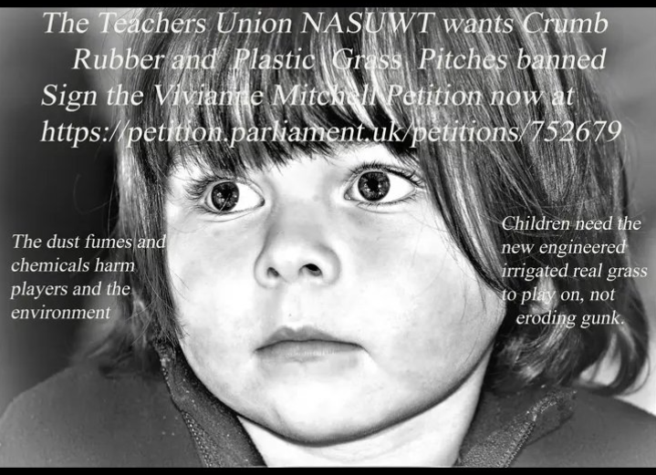 Against_3G's tweet photo. Please read, sign and share this petition... our children MUST be protected... they should NEVER be risking their health and lives to play their favourite sport.

https://t.co/fRub6XTemm

"Petition

Ban 3G rubber crumb on new artificial pitches and display health info notices.

We call on the Government to ban the use of rubber crumb infill on all new 3G artificial football pitches, and to require clear health information notices to be displayed at existing 3G pitches that use rubber crumb infill.   Also to require the removal of rubber crumb from all existing 3G pitches.

There is ongoing, well-documented scientific concern about potential health risks associated with exposure to the chemicals found in the rubber crumb infill.

We believe the Government should take the precautionary principle approach to protect children and other users of 3G pitches, particularly in schools and educational settings, including academies, by using alternative infills in future artificial pitch installations.

Our children can then enjoy their football without the health risks."
.