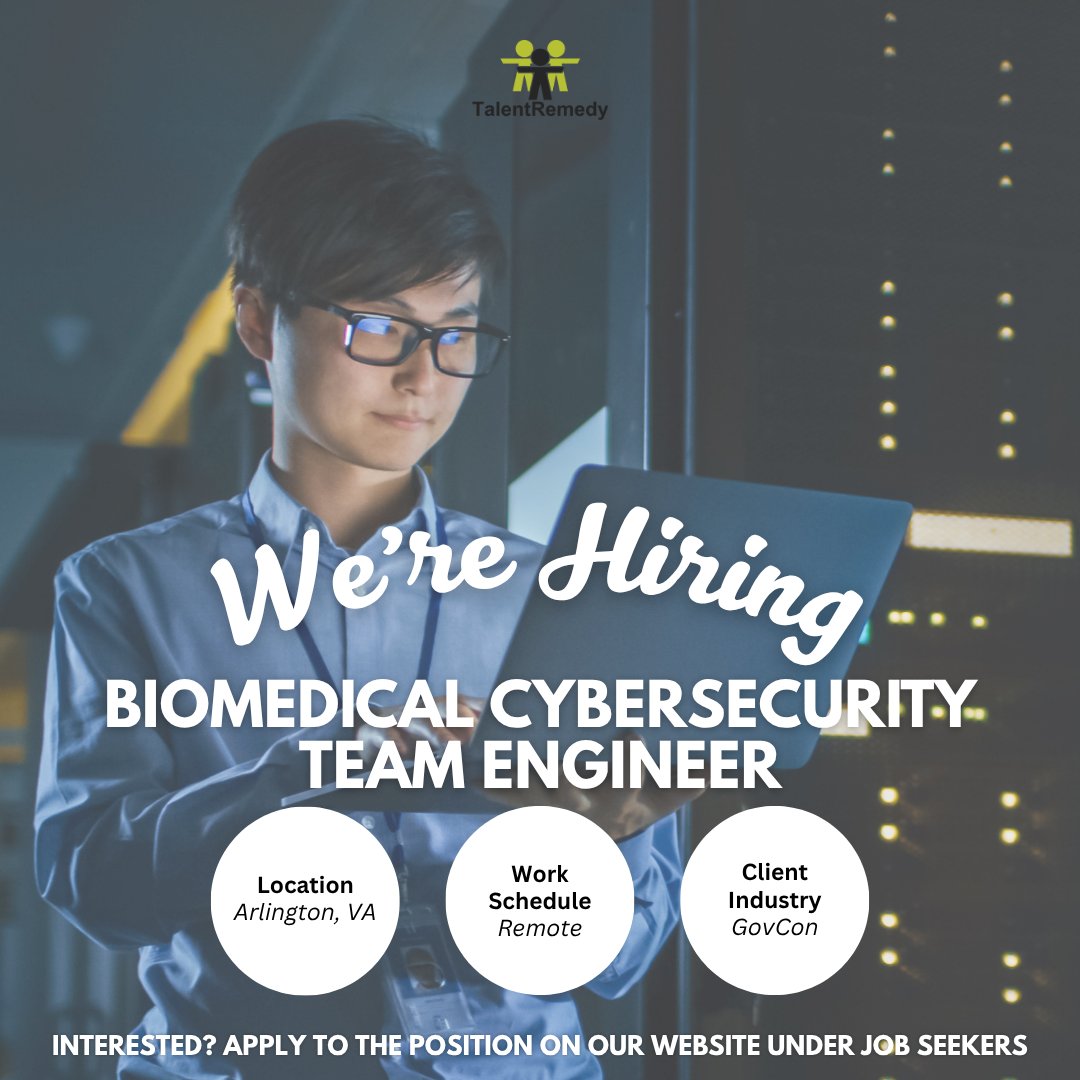 TalentRemedy's tweet photo. #JobAlert 📣 Biomedical Cybersecurity Team Engineer remote job opportunity! 

To learn more and apply, visit: https://t.co/hV3LSWzVlZ

#Recruiting #OutsourcedRecruiting https://t.co/vJgXgRyBdc