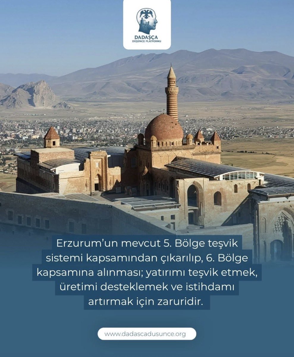 Dadaşça Düşünce Platformu 

Erzurum’un kalkınması için doğru adımlar atılmalı.
Mevcut teşvik sisteminde yapılacak düzenlemeler;
yatırımı artırmak, üretimi güçlendirmek ve istihdamı büyütmek adına kritik önem taşıyor.
📍 Erzurum’un 6. Bölge teşvik kapsamına alınması, bölgesel