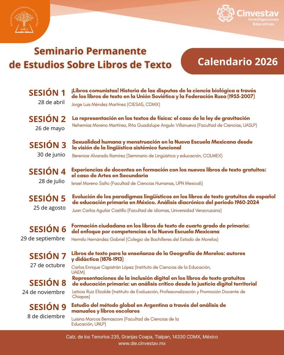 DIE_CINVESTAV's tweet photo. 📚✨ El DIE- Cinvestav te invita a las sesiones del Seminario Permanente de Estudios sobre Libros de Texto 2026.
Te compartimos el calendario completo, consulta y aparta las fechas, ¡No te lo pierdas!
🗓️ Inicio: 28 de abril
#Educación #InvestigaciónEducativa #LibrosDeTexto https://t.co/uLyiCG75N4